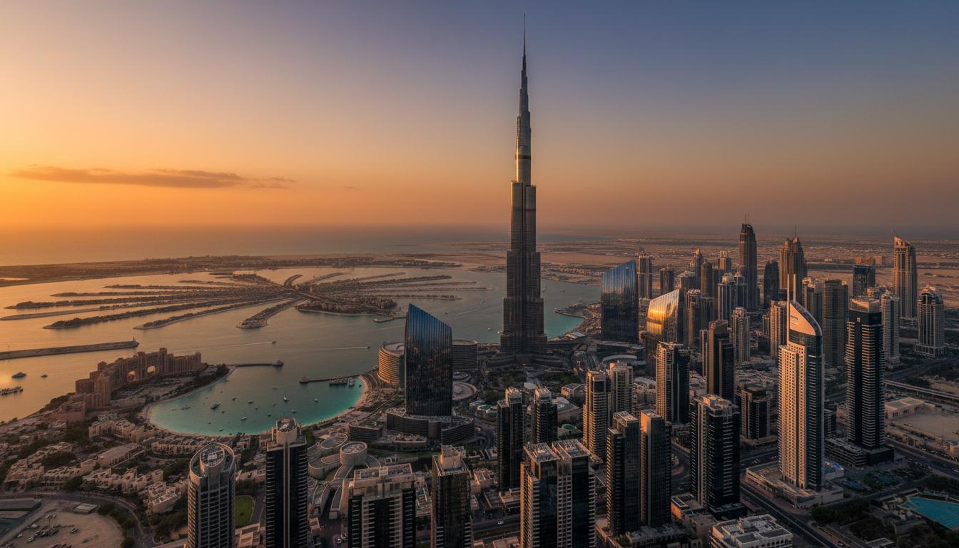 Dubai skyline with Burj Khalifa at sunset